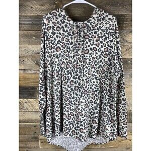 Celeste Women Plus Sz 2XL Pink/Gray Animal Print Long Sleeve Hooded Top